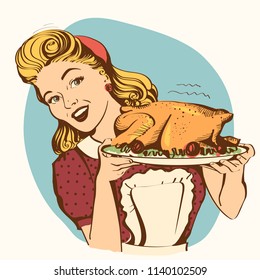 Retro smiling housewife cooks roasted turkey in the kitchen.Vector color illustration isolated on white