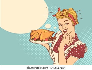 Retro smiling housewife cooks roasted turkey in the kitchen background with bubble for text