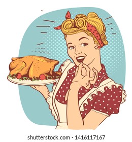 Retro smiling housewife cooks roasted turkey in the kitchen.Vector illustration isolated on white