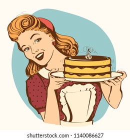 Retro smiling housewife holding big cake in her hands.Vector color illustration isolated on white