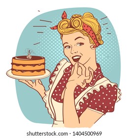 Retro Smiling Housewife Holding Big Cake In Her Hand.Vector Color Hand Drawn Illustration