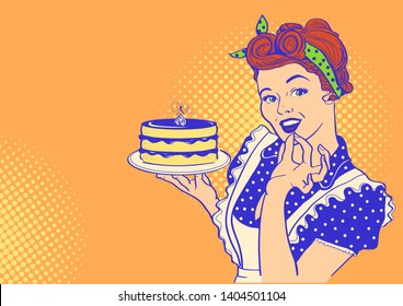 Retro smiling housewife holding big cake in her hand.Vector pop art illustration