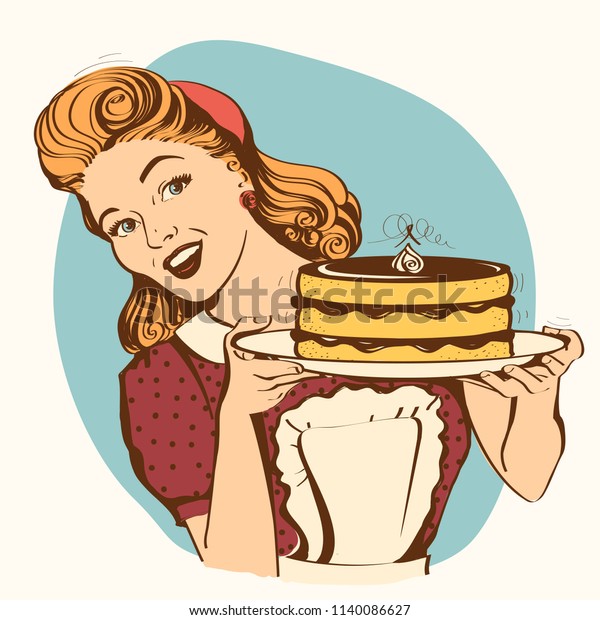 大きなケーキを手に持つレトロな笑顔の主婦 白い背景にベクターカラーイラスト のベクター画像素材 ロイヤリティフリー