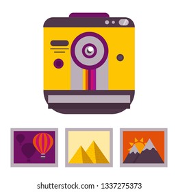 Retro snapshot camera isolated on white background. Photocamera and photos icon .