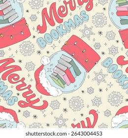 Retro Snow Globe in Santa hat with pile of books inside vector Seamless Pattern with Merry Chirstmas wordplay on Pastel Yellow. Perfect for festive wrapping paper, holiday cards, book-themed gifts