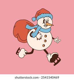Retro snowman character. 40s, 50s, 60s old animation style in skates. Christmas mascot