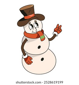 Icono de muñeco de nieve retro para el año Nuevo o vacaciones de Navidad. Vector Clipart divertido. Personaje cómico nevado con sombrero y bufanda, emoji pacífico. Personaje de hombre de nieve de dibujos animados. Símbolo de las vacaciones de invierno.