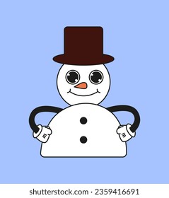 Retro snowman sticker concept. Back to 80s and 90s. Winter and weird character. Era hippie, positivity and optimism. Cartoon flat vector illustration isolated on blue background