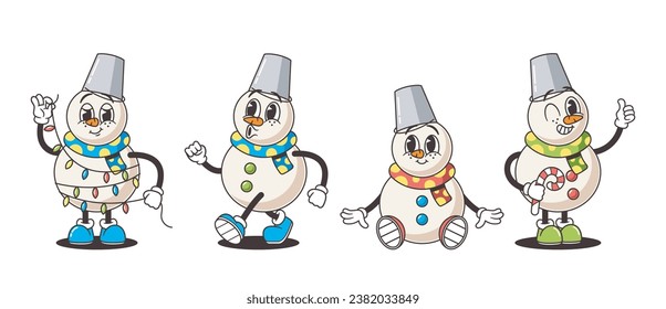 Retro Snowmen Characters, Sporting Carrot Noses, Bucket Hats, And Cozy Scarves, Exude Vintage Charm, Vector Illustration