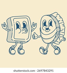 Retro soap and brush mascots for bath and cleaning. Vintage wooden design meets eco hygiene in cute vector art