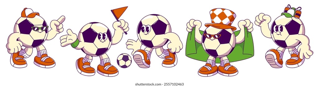 Retro soccer ball character mascot in different poses with red sneakers and sport accessories - baseball cap, sunglasses, flag, supporter scarf, checkered hat. Athletic design for vintage game promo.