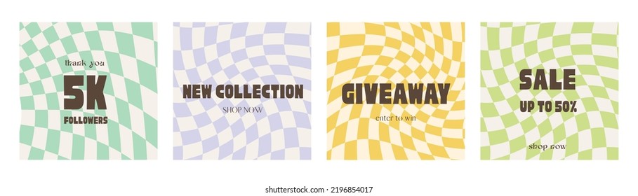 Retro social media ad post in psychedelic funky nostalgic design. Vintage 80s 90s aesthetic backdrops, distorted gingham backgrounds. Set of square posters in Y2K style. Vector ig banner templates.