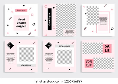 Retro social media pack template set.  Minimal pink and white background in Memphis geometric pattern style element.