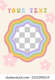 Retro social media story template in groovy style. Y2K aesthetic vertical banner or poster with rainbow frame for photo and hand drawn daisy flowers. Vector illustration.