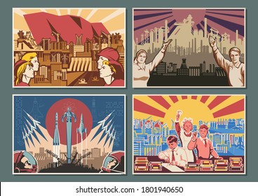 Retro Socialism Propaganda Murals, Placards Stylization, Space Exploration, Education, Work Propaganda, Urban and Industrial Backgrounds