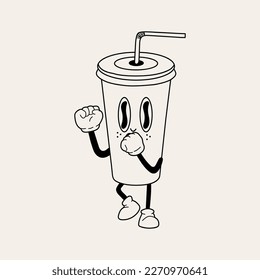 Retro Soda  mascot. Cute character in trendy retro 60s 70s cartoon style. Vector hand drawn illustration	