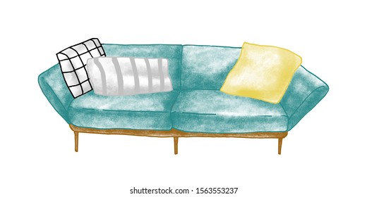 Retro sofa hand drawn vector illustration. Room furnishing, home interior item. Soft settee, couch with cushions drawing. Piece of furniture. Vintage divan isolated on white background.