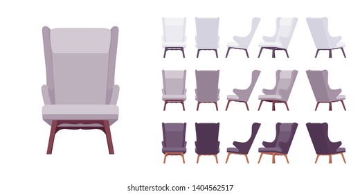 Retro soft armchair set. Lounge chair, interior decor for living room, bedroom, reception room or office. Vector flat style cartoon illustration isolated on white background, different views and color