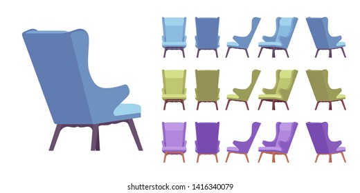 Retro soft armchair set. Lounge chair, interior decor for living room, bedroom, reception room or office. Vector flat style cartoon illustration isolated on white background, different views and color