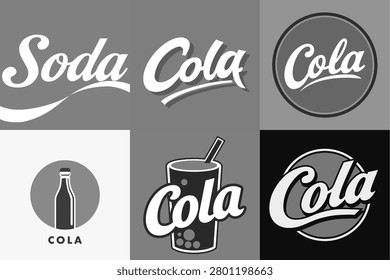 Retro soft drink branding elements featuring script typography and bottle icons.