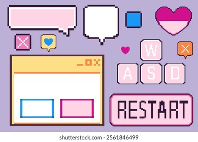 Retro software user interface elements set isolated on background. Vector illustration of blank y2k messenger window, empty speech bubble, pixel heart icon, restart button, vaporwave computer design