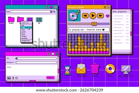 Retro software windows and icons set isolated on background. Vector illustration of y2k computer desktop interface, email message, media player, file manager frames, trash bin, pc disk, envelope signs