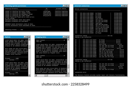 Retro software windows interface, browser tab panels of old computer OS sytem, vector screens. Retro PC desktop OS and UI message box tabs with command codes of web browser and internet data panels