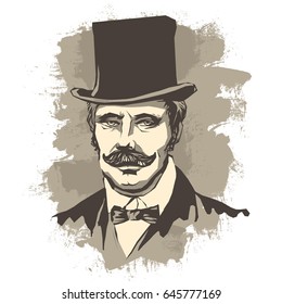 Retro solid businessman with mustache, in a bow tie and hat top hat