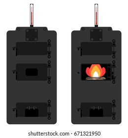 Retro Solid fuel boiler, wood boiler. Heating system. Flat design, vector illustration, vector.