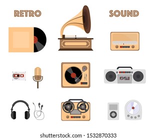 Retro sound devices flat vector illustrations set. Vinyl record, gramophone and radio. Vintage music equipment. Microphone, turntable and boombox. Classic audio appliances. Earphones, CD player