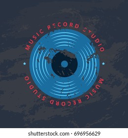 Retro sound record studio, vinyl music shop, club vector logo, badge with vinyl record
