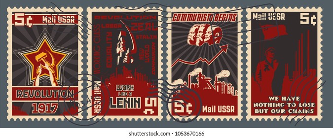 Retro Soviet Communism Propaganda Postage Stamps