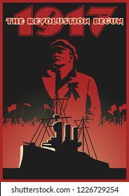 Retro Soviet Propaganda Poster Stylization. Communist Leader and Cruiser Aurora