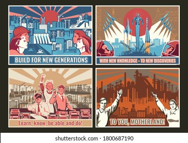 Retro Soviet Propaganda Posters Style, Old Mosaic Murals Stylization, Workers, Kids, Cosmonauts, Urban and Industrial Backgrounds