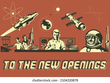 Retro sowjetische Propaganda Posters Style Illustration, Young Scientist, Astronaut, Space Rockets und Orbitalstation