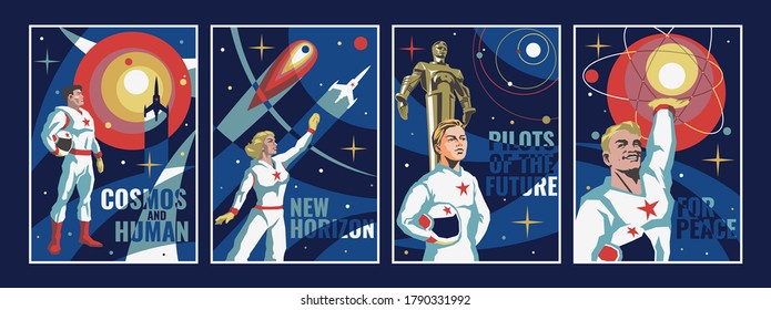 Retro Soviet Space Mosaic Mural Posters Stylization, Space Propaganda, Astronauts, Space Flights