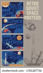 Retro Soviet Space Posters Stylization, Aerospace Illustrations, Space Rocket, Astronaut Helmet, Earth, Moon