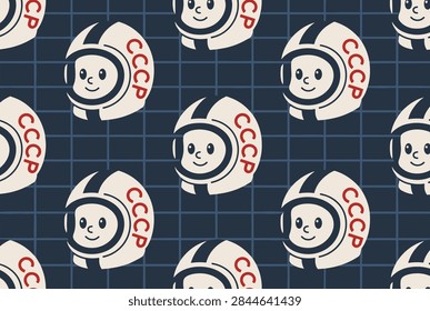 Retro Soviet space program pattern featuring cute cartoon astronauts wearing CCCP helmets on a grid background.