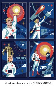 Retro Soviet Space Propaganda Mosaic Art Poster Set, Astronauts, Space Rockets, Space