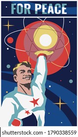 Retro Soviet Space Propaganda Mosaic Murals and Posters Illustration Style, Cosmonaut and Space Technologies