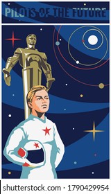 Propaganda espacial retro soviética Ilustración de estilo mural mosaico, joven piloto espacial, cosmonauta, sistema solar 