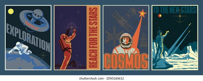 Retro sowjetische Weltraumpropaganda Posters Style Illustrationen, Raumfahrzeuge, Raketen, Astronauten