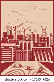 Retro Soviet Working and Building Propaganda Posters Stylization, Industrial View, Agriculture Fields, Factory Silhouettes