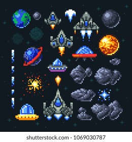 Retro space arcade game pixel elements. Invaders, spaceships, planets and ufo vector set. Video arcade game in pixel art, illustration of spaceship and invader rocket