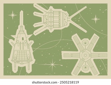 Retro Space Background. Space Age Probes, Spacecraft Drawings. 1950s - 1960s Colors and Shapes, Vector Template for Cosmic Posters, Covers, Illustrations 