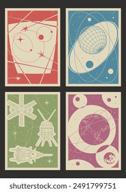Retro Space Background Set, 1950s - 1960s Colors and Shapes, Spacecraft, Probe, Earth, Moon. Vector Template for Cosmic Posters, Covers, Illustrations 