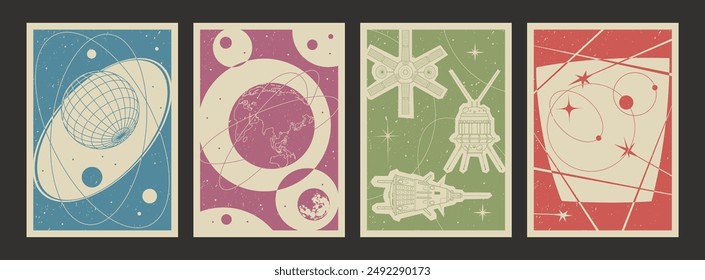 Conjunto de fondo del espacio retro, 1950s - 1960s Colores y Formas, nave espacial, sonda, tierra, luna. Plantilla de Vector para pósters cósmicos, portadas, Ilustraciones 