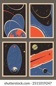 Conjunto de plano de fundo de espaço retrô, Modelos de vetor para ilustrações cósmicas, capas, pôsteres. Terra, Saturno, Júpiter e outros planetas, Lua, Sol, Cometa, Estrelas. 1950s - 1960s Space Placards Estilo e cores