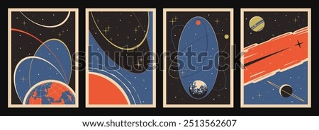 Retro Space Background Set, Vector Templates for Cosmic Illustrations, Covers, Posters. Earth, Saturn, Jupiter and Planets, Moon, Sun, Comet, Stars. 1950s -- 1960s Space Placards Style and Colors