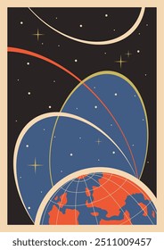 Retro Space Background, Vector Template for Cosmic Illustrations, Covers, Posters. Earth, Orbits, Stars. 1950s -- 1960s Space Placards Style and Colors